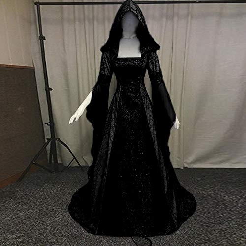 Vestido de Las Mujer,Medieval Traje de Las Señoras Retro Literario de Manga Larga de Encaje con Capucha Gran Swing Vestido de Corte Vestido de Corte Falda (M, Negro-B)