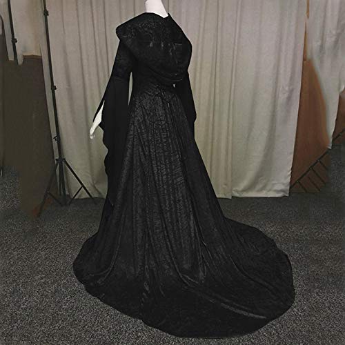 Vestido de Las Mujer,Medieval Traje de Las Señoras Retro Literario de Manga Larga de Encaje con Capucha Gran Swing Vestido de Corte Vestido de Corte Falda (M, Negro-B)