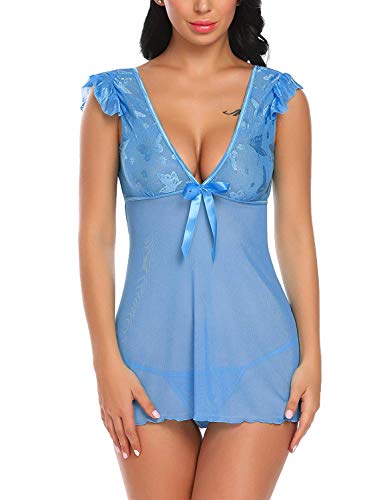 Vestido De Lencería para Mujer Sensual Lace Babydoll Chemise Mode De Marca Noche Cálido Shea Cálido Shea V Lencería De Cuello V Conjunto con Tanga (Color : Blau, Size : L)