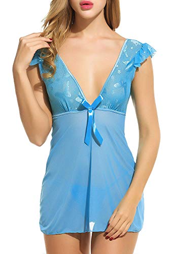 Vestido De Lencería para Mujer Sensual Lace Babydoll Chemise Mode De Marca Noche Cálido Shea Cálido Shea V Lencería De Cuello V Conjunto con Tanga (Color : Blau, Size : L)