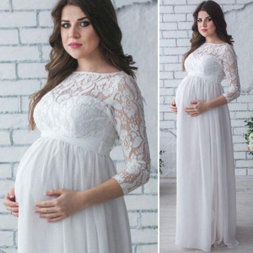 Vestido de Maternidad para Mujer Embarazada Maxi Vestido de Mangas Largas Vestido de Encaje para Ceremonia Fotografía Enfermería Elegante
