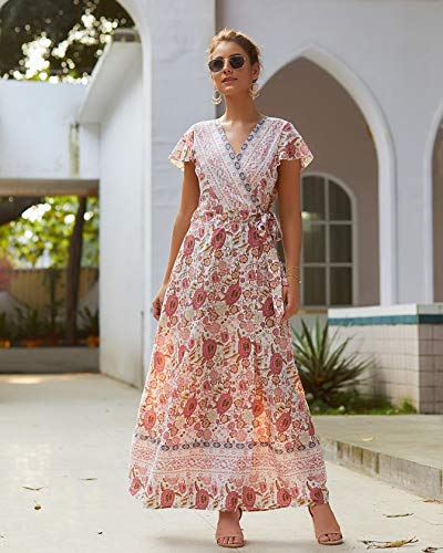 Vestido de Mujer con Estampado Floral con Cuello en V Vestido Maxi de Manga Corta Vestido Fluido de Manga Larga Boho Beach