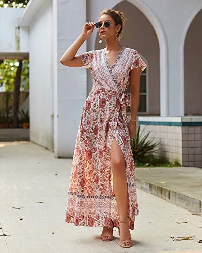 Vestido de Mujer con Estampado Floral con Cuello en V Vestido Maxi de Manga Corta Vestido Fluido de Manga Larga Boho Beach