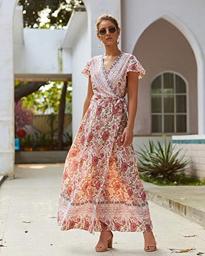 Vestido de Mujer con Estampado Floral con Cuello en V Vestido Maxi de Manga Corta Vestido Fluido de Manga Larga Boho Beach