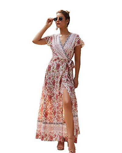 Vestido de Mujer con Estampado Floral con Cuello en V Vestido Maxi de Manga Corta Vestido Fluido de Manga Larga Boho Beach