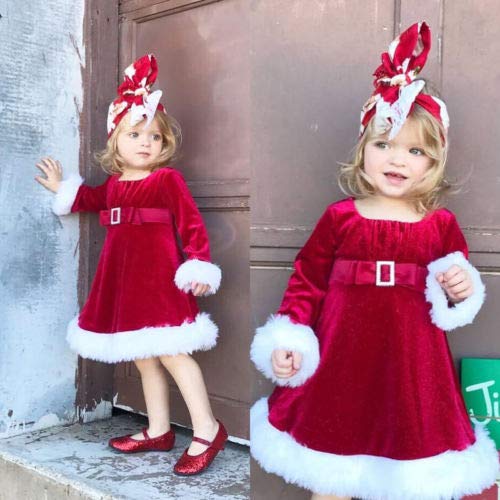 Vestido de Navidad para Bebé Niña de 6 Meses a 5 Años Vestidos Navideños de Terciopelo de Manga Larga con Cinturón y Cremallera Delantera para Chicas (Rojo, 12-18 Meses)