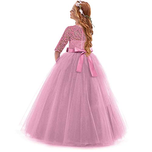 Vestido de Niña Flor de Encaje Manga 3/4 Tul Princesa Maxi Vestido Largo Dama de Honor de la Boda Fiesta de Cumpleaños Comunión Noche Paseo Baile Cóctel Vestidos de Gala Rosa Empolvado 11-12 Años