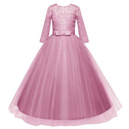 Vestido de Niña Flor de Encaje Manga 3/4 Tul Princesa Maxi Vestido Largo Dama de Honor de la Boda Fiesta de Cumpleaños Comunión Noche Paseo Baile Cóctel Vestidos de Gala Rosa Empolvado 11-12 Años