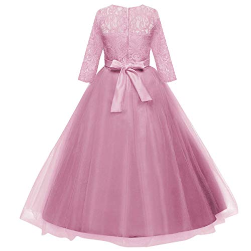 Vestido de Niña Flor de Encaje Manga 3/4 Tul Princesa Maxi Vestido Largo Dama de Honor de la Boda Fiesta de Cumpleaños Comunión Noche Paseo Baile Cóctel Vestidos de Gala Rosa Empolvado 11-12 Años