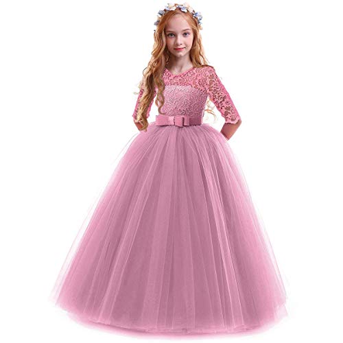 Vestido de Niña Flor de Encaje Manga 3/4 Tul Princesa Maxi Vestido Largo Dama de Honor de la Boda Fiesta de Cumpleaños Comunión Noche Paseo Baile Cóctel Vestidos de Gala Rosa Empolvado 11-12 Años