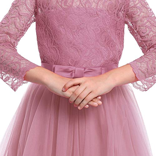 Vestido de Niña Flor de Encaje Manga 3/4 Tul Princesa Maxi Vestido Largo Dama de Honor de la Boda Fiesta de Cumpleaños Comunión Noche Paseo Baile Cóctel Vestidos de Gala Rosa Empolvado 11-12 Años
