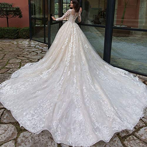 Vestido de novia Vestido de novia preciosa cosecha Apliques de tren capilla de encaje una línea de vestidos de boda atractivo con cuello redondo de manga larga Vestido de Noiva vestidos novia