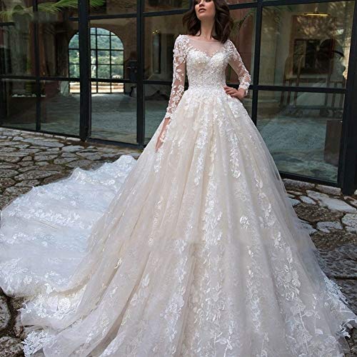 Vestido de novia Vestido de novia preciosa cosecha Apliques de tren capilla de encaje una línea de vestidos de boda atractivo con cuello redondo de manga larga Vestido de Noiva vestidos novia