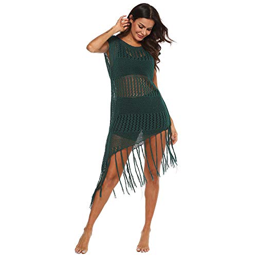 Vestido de Playa Sexy Bikini Cover up,Vestido de Borla Larga con Costuras Irregulares, Blusa de Playa de Punto con Perspectiva Recortada-Verde_M,Mujeres Kaftan Bikini Cover