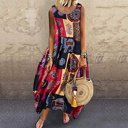 Vestido de Playa Verano Mujer Vestidos Estampados Largos Retro con Cuello Redondo Vestido Talla Grande Diario Popular Suelta Elegante Bohemia Vintage Vestido Sin Mangas