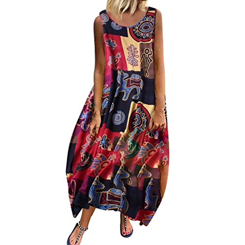 Vestido de Playa Verano Mujer Vestidos Estampados Largos Retro con Cuello Redondo Vestido Talla Grande Diario Popular Suelta Elegante Bohemia Vintage Vestido Sin Mangas
