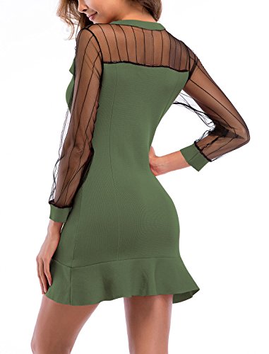 Vestido de Punto Corto para Mujer de Malla con Volantes Cuello Redondo Manga Larga Empalme Trabajo Algodón Verde M