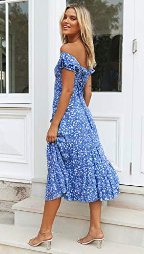 Vestido de Verano para Mujer Vestido Largo de Playa Cóctel Fuera del Hombro Escote Barco Estampado Floral Informal Elegante (Azul, S)