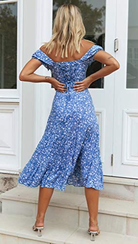 Vestido de Verano para Mujer Vestido Largo de Playa Cóctel Fuera del Hombro Escote Barco Estampado Floral Informal Elegante (Azul, S)