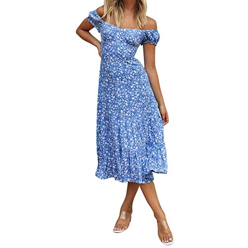 Vestido de Verano para Mujer Vestido Largo de Playa Cóctel Fuera del Hombro Escote Barco Estampado Floral Informal Elegante (Azul, S)
