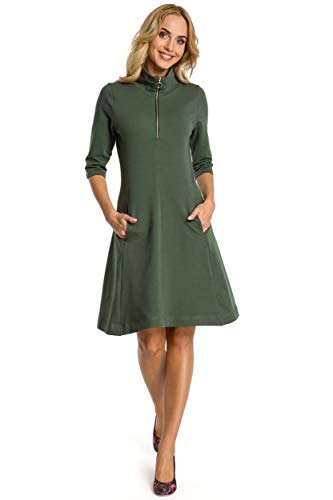 Vestido Entallado con Vuelo y Cuello con Cremallera - Verde Militar, 42 | SG