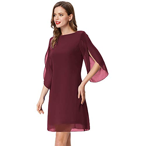 Vestido Gasa para Mujer Vestido Verano Manga Corta 3/4 Mangas Vestido Gasa Ancho para Mujer Elegante Rojo Vino 2XL Cl011125-1