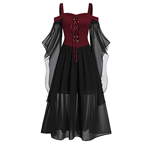 Vestido gótico para Mujer Vestido de Malla con Hombros Descubiertos Medieval Retro literario de Manga Larga Gran Swing Vestido de Corte Falda Traje de Cosplay
