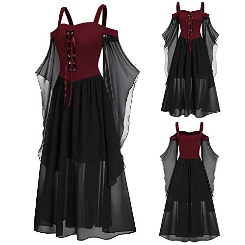 Vestido gótico para Mujer Vestido de Malla con Hombros Descubiertos Medieval Retro literario de Manga Larga Gran Swing Vestido de Corte Falda Traje de Cosplay