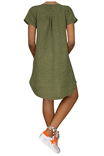 Vestido Lino Casual Tunica de Playa Mujer Bohemio Hippie Chic Camiseta Larga Manga Corta Chica Vestido Liso Niña Caftan Baño Talla Grande Vestido Verano Cuello V Kimono Vestir Mini Dress Beachwear