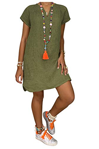 Vestido Lino Casual Tunica de Playa Mujer Bohemio Hippie Chic Camiseta Larga Manga Corta Chica Vestido Liso Niña Caftan Baño Talla Grande Vestido Verano Cuello V Kimono Vestir Mini Dress Beachwear
