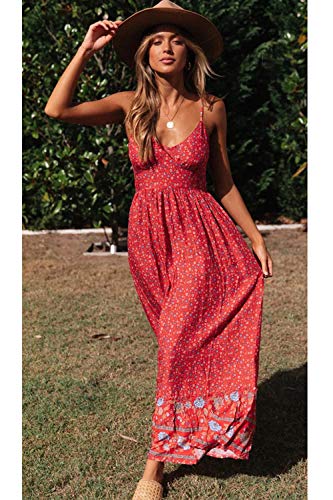 Vestido Maxi Floral para Mujer Vestidos De Playa Bohemios con Tirantes Finos De Verano Rojo XL