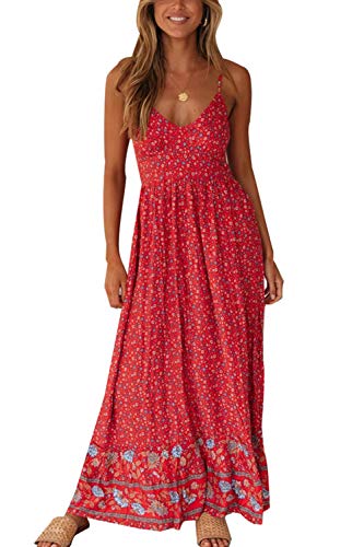 Vestido Maxi Floral para Mujer Vestidos De Playa Bohemios con Tirantes Finos De Verano Rojo XL