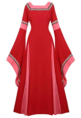 Vestido Medieval Renacimiento Mujer Vintage Victoriano gotico Manga Larga de Llamarada Disfraz Princesa Rojo m
