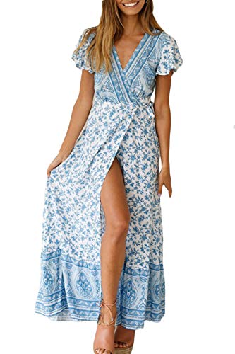 Vestido Mujer Bohemio Largo Verano Playa Fiesta Floral Manga Corta Cuello en V Talla Split Wrap Maxi Vestidos 4 L