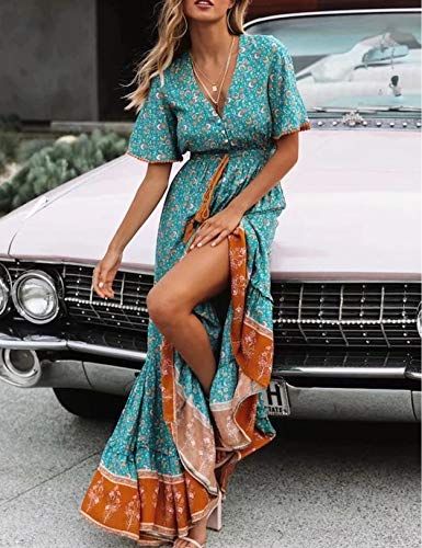 Vestido Mujer Bohemio Largo Verano Playa Fiesta Floral/Polka Dot Maxi Vestidos Cóctel Falda Larga con Cinturón (S, Lakeblue)