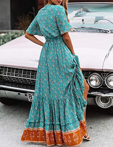 Vestido Mujer Bohemio Largo Verano Playa Fiesta Floral/Polka Dot Maxi Vestidos Cóctel Falda Larga con Cinturón (S, Lakeblue)