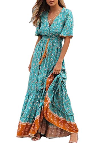 Vestido Mujer Bohemio Largo Verano Playa Fiesta Floral/Polka Dot Maxi Vestidos Cóctel Falda Larga con Cinturón (S, Lakeblue)