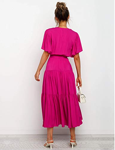 Vestido Mujer Bohemio Largo Verano Playa Fiesta Wrap Maxi Vestidos Cóctel Falda Larga con Cinturón Rosa M