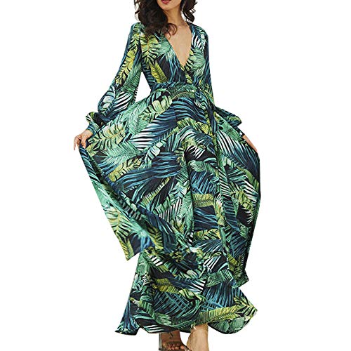 Vestido Mujer Largo Estampado Palmas Verde Vestido Maxi Verano Playa Vestido Casual, Elegante, Cover up, etc (Verde, XXXL)
