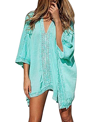 Vestido Playa Mujer Talla Grande Bohemio Hippie Chic Vestidos Manga 3/4 Murcielago con Volantes Escote V Tunica Piscina Caftan Corto Kaftan Etnico Kimono Dress Pareo Crochet Camisola Bikini Cover Up
