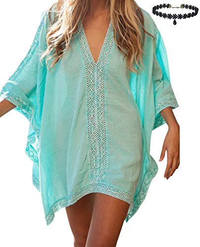 Vestido Playa Mujer Talla Grande Bohemio Hippie Chic Vestidos Manga 3/4 Murcielago con Volantes Escote V Tunica Piscina Caftan Corto Kaftan Etnico Kimono Dress Pareo Crochet Camisola Bikini Cover Up