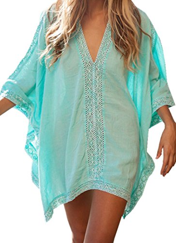 Vestido Playa Mujer Talla Grande Bohemio Hippie Chic Vestidos Manga 3/4 Murcielago con Volantes Escote V Tunica Piscina Caftan Corto Kaftan Etnico Kimono Dress Pareo Crochet Camisola Bikini Cover Up