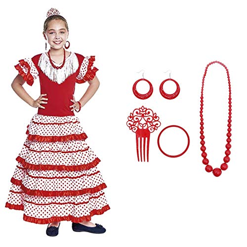 Vestido Sevillanas Niña con Accesorios Flamenca Peineta Collar Pulsera Rojo Blanco【Tallas Infantiles de 1 a 15 años】[3-4 años] Disfraz Sevillana Traje Flamenca Volantes Feria Abril Sevilla Baile