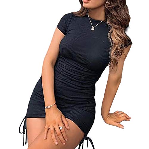 Vestido Sexy con Cordón de Manga Corta para Mujer Vestido Ajustado con Pliegues de Color Sólido de Moda (Negro, S)