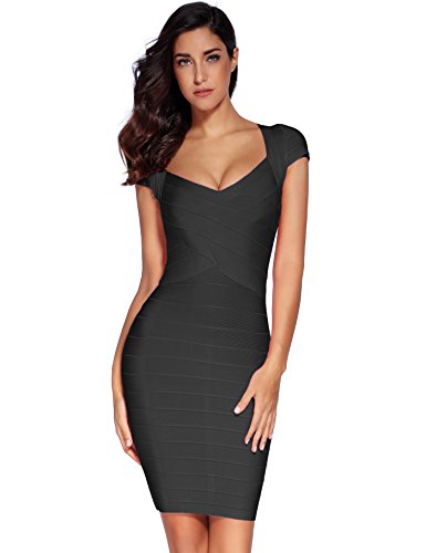 Vestido Shownice, para mujer, de manga corta, cuello cuadrado, tipo bandage Negro negro X-Small