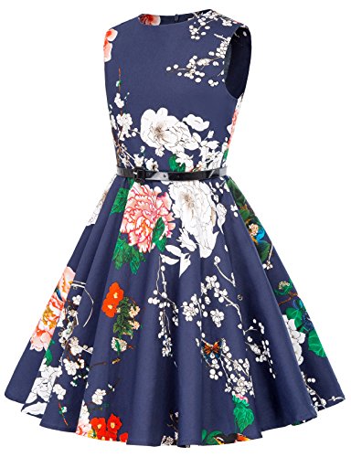 Vestido Vintage Estampado de Niñas Años 50 para Fiesta Cóctel Vestido Algodón de Verano sin Mangas con Cinturón 15 Años KK250-24