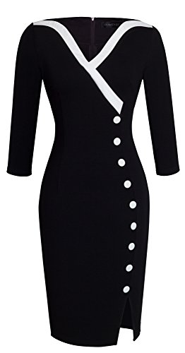 Vestido vintage informal y elegante, cuello de pico, ceñido, botones grandes y dobladillo; B335 de Homeyee Negro negro 36 = Talla Small