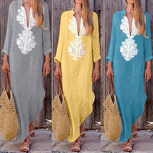 Vestido ZODOF vestido largo Bohemian estilo ropa de playa Otoño estampado largo dec uello en V y manga larga para las Mujeres S Azul