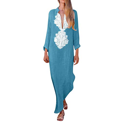 Vestido ZODOF vestido largo Bohemian estilo ropa de playa Otoño estampado largo dec uello en V y manga larga para las Mujeres S Azul
