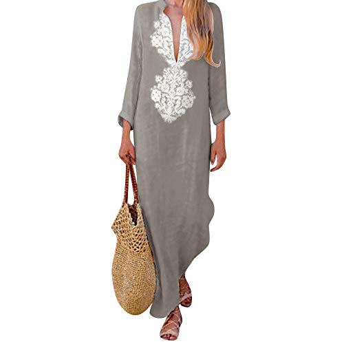 Vestido ZODOF vestido largo Bohemian estilo ropa de playa Otoño estampado largo dec uello en V y manga larga para las Mujeres S Caqui